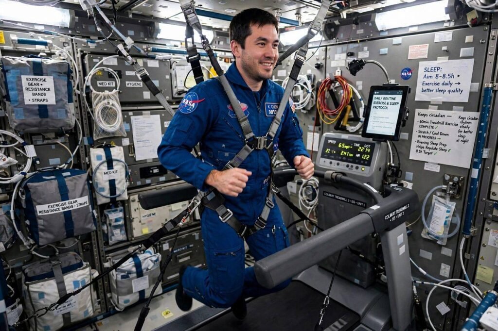 An astronaut exercising on a treadmill harness aboard the ISS as part of a daily routine that supports sleep.