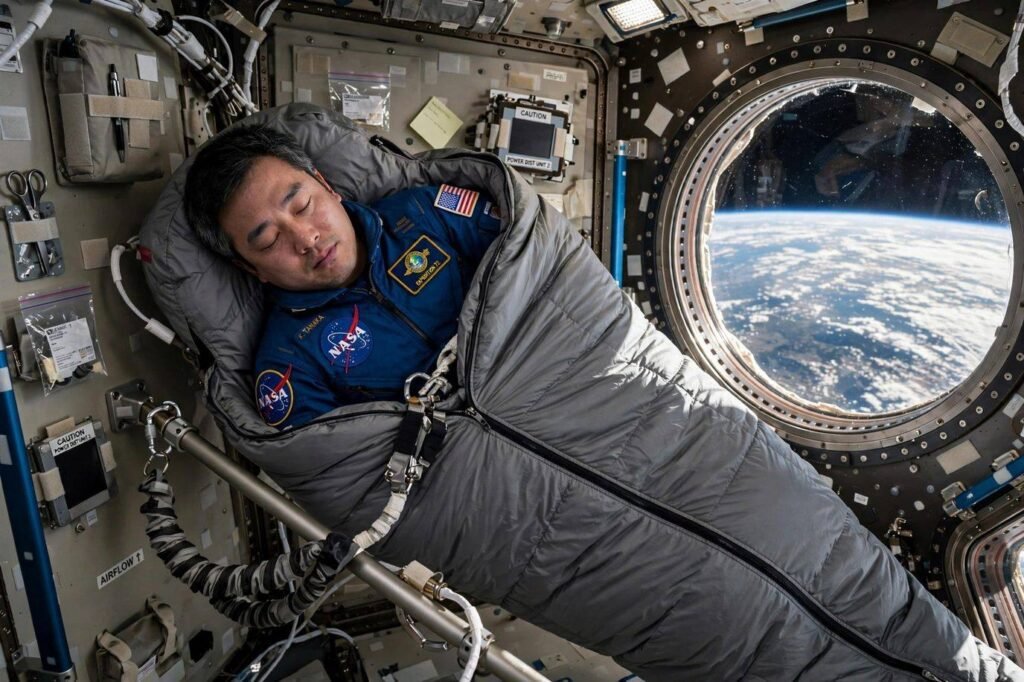 An astronaut floating peacefully while sleeping in microgravity near an ISS window.