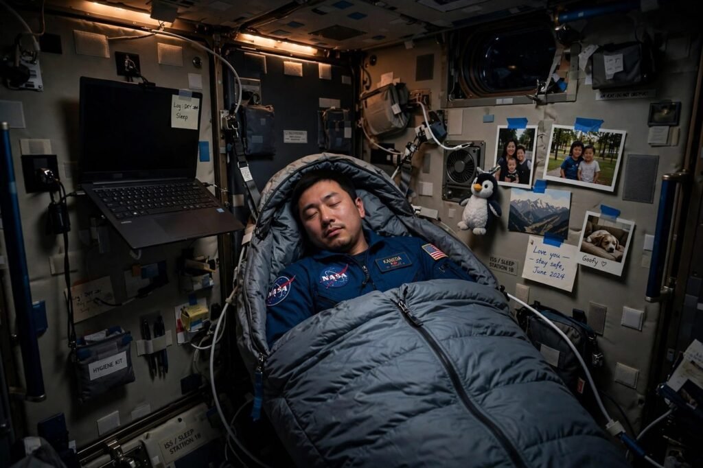 A dimly lit ISS crew quarter where an astronaut rests in a sleeping bag.