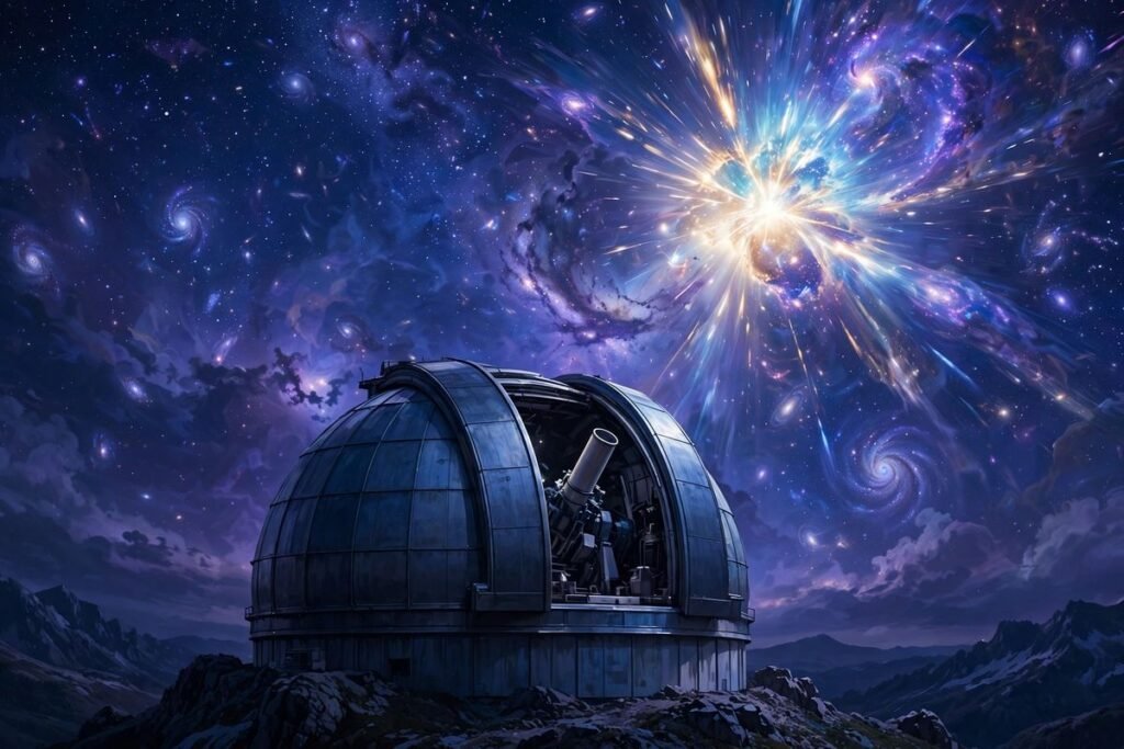 Observatory telescope under a starry sky with a bright supernova.
