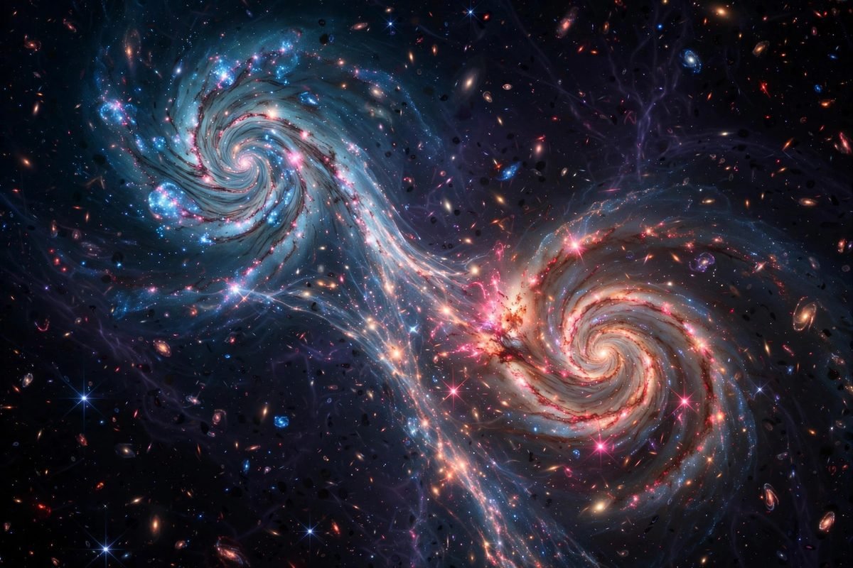 Artistic illustration of two spiral galaxies merging amid small dwarf galaxies in the early universe.