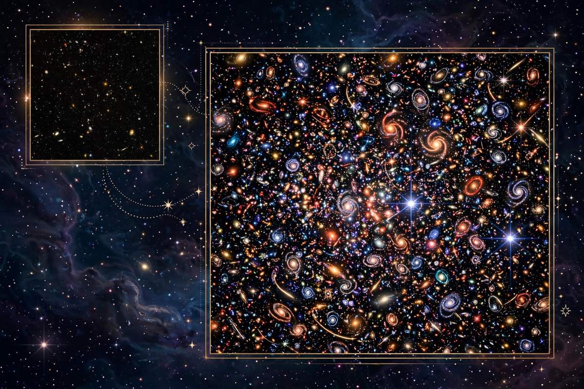 Illustrated comparison of the 1995 Hubble Deep Field with a richer modern ultra-deep field image.