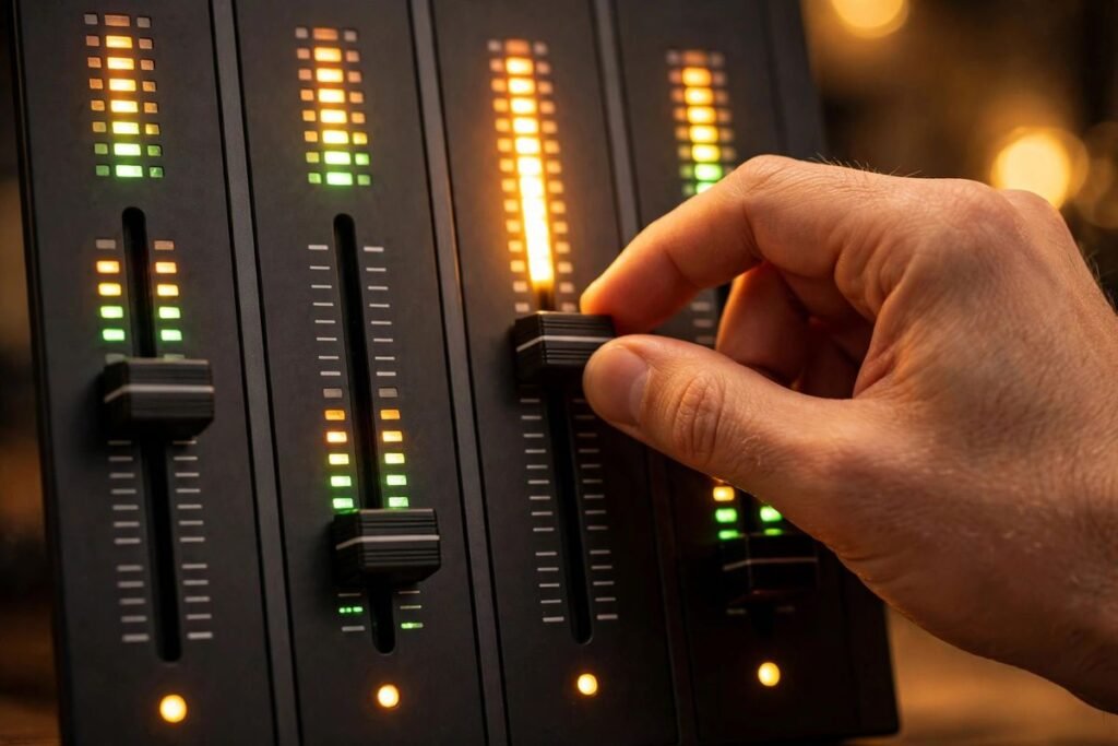 Hand adjusting sliders on a four-band equalizer.