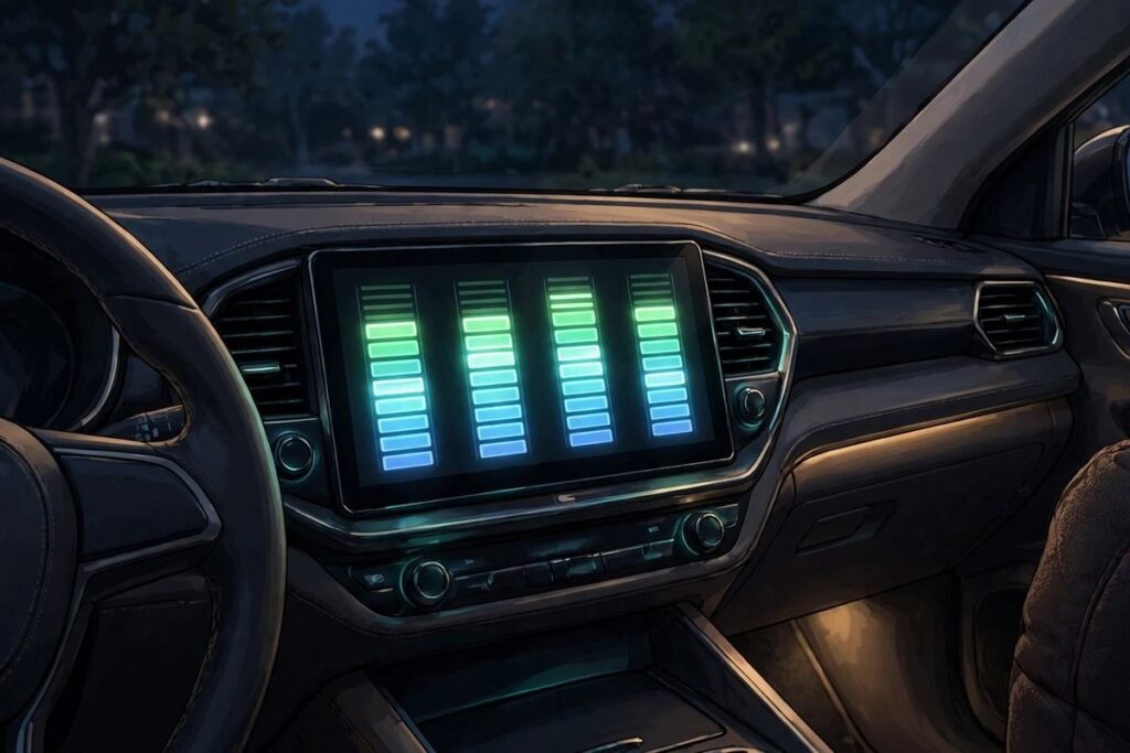 Car dashboard sound system with a quad equalizer display.