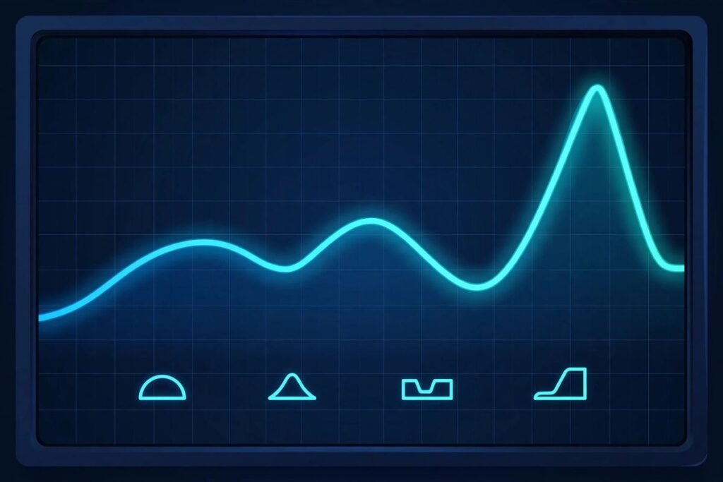 Four-band equalizer frequency curve on a studio display.
