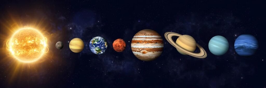 The eight planets of the solar system lined up in order.