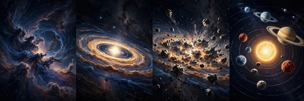Stages of solar system formation from collapsing cloud to finished planets.