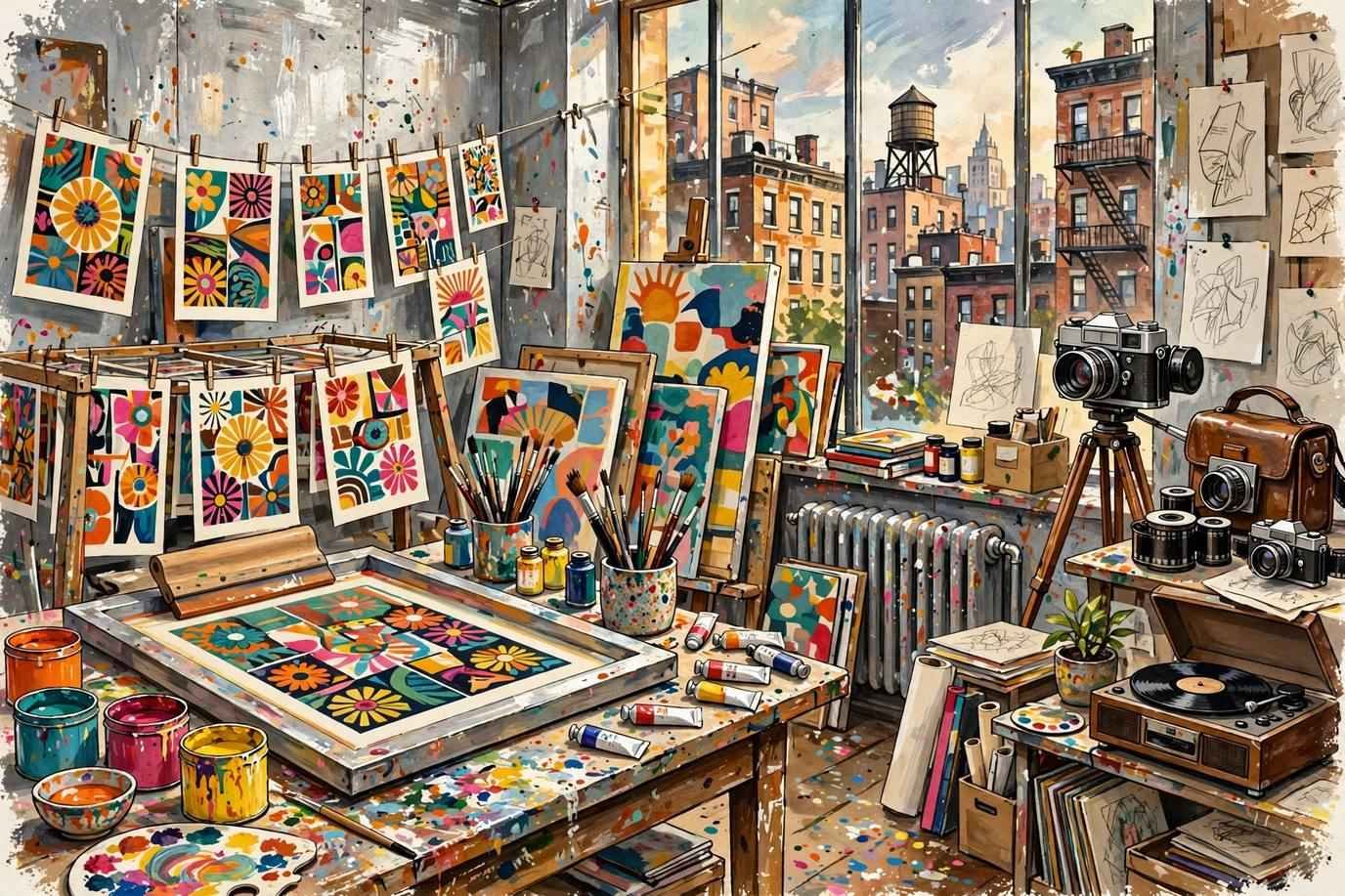 A lively 1960s art studio scene with artists working on large colorful screen prints.