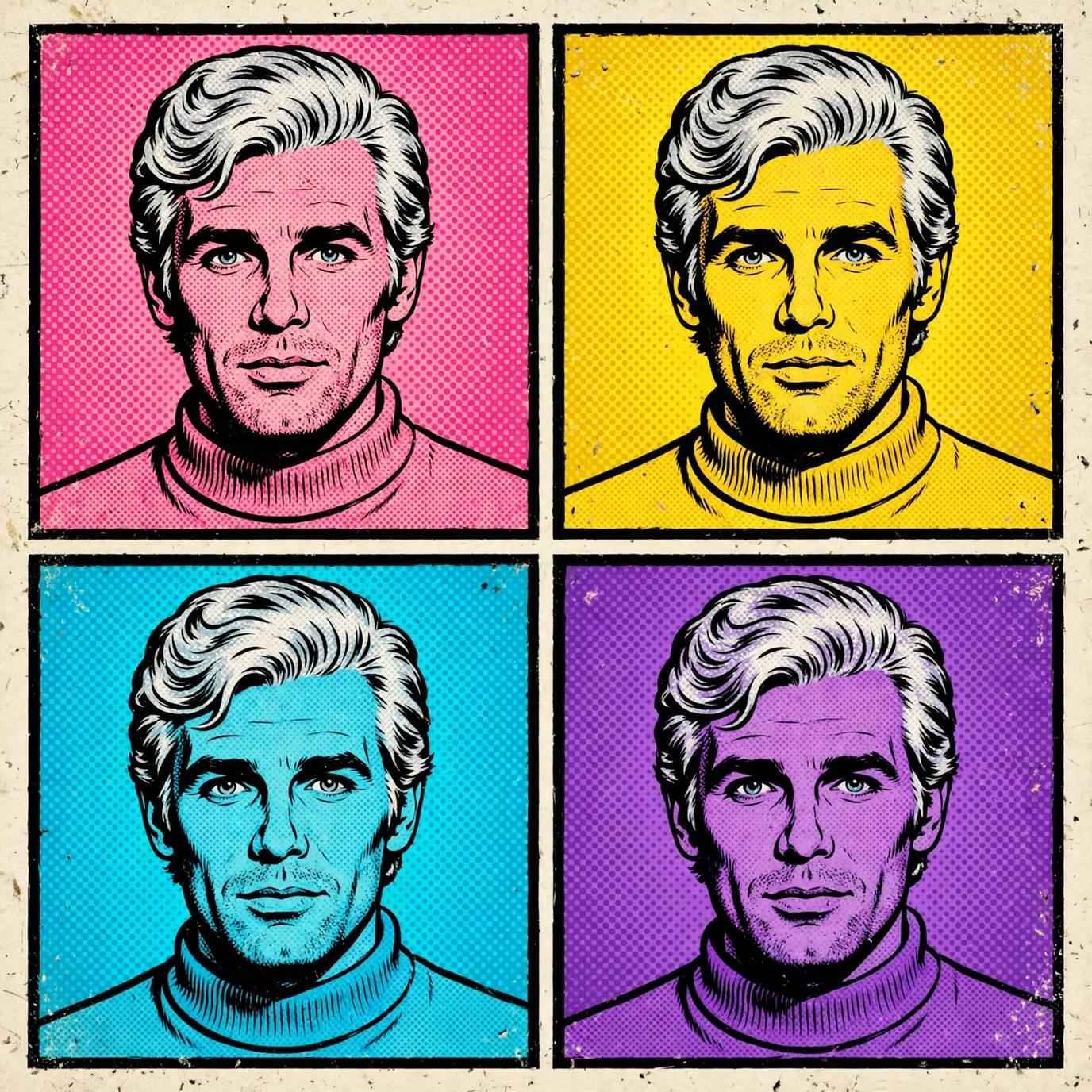 Andy Warhol style pop art portrait with repeated panels in bright colors.