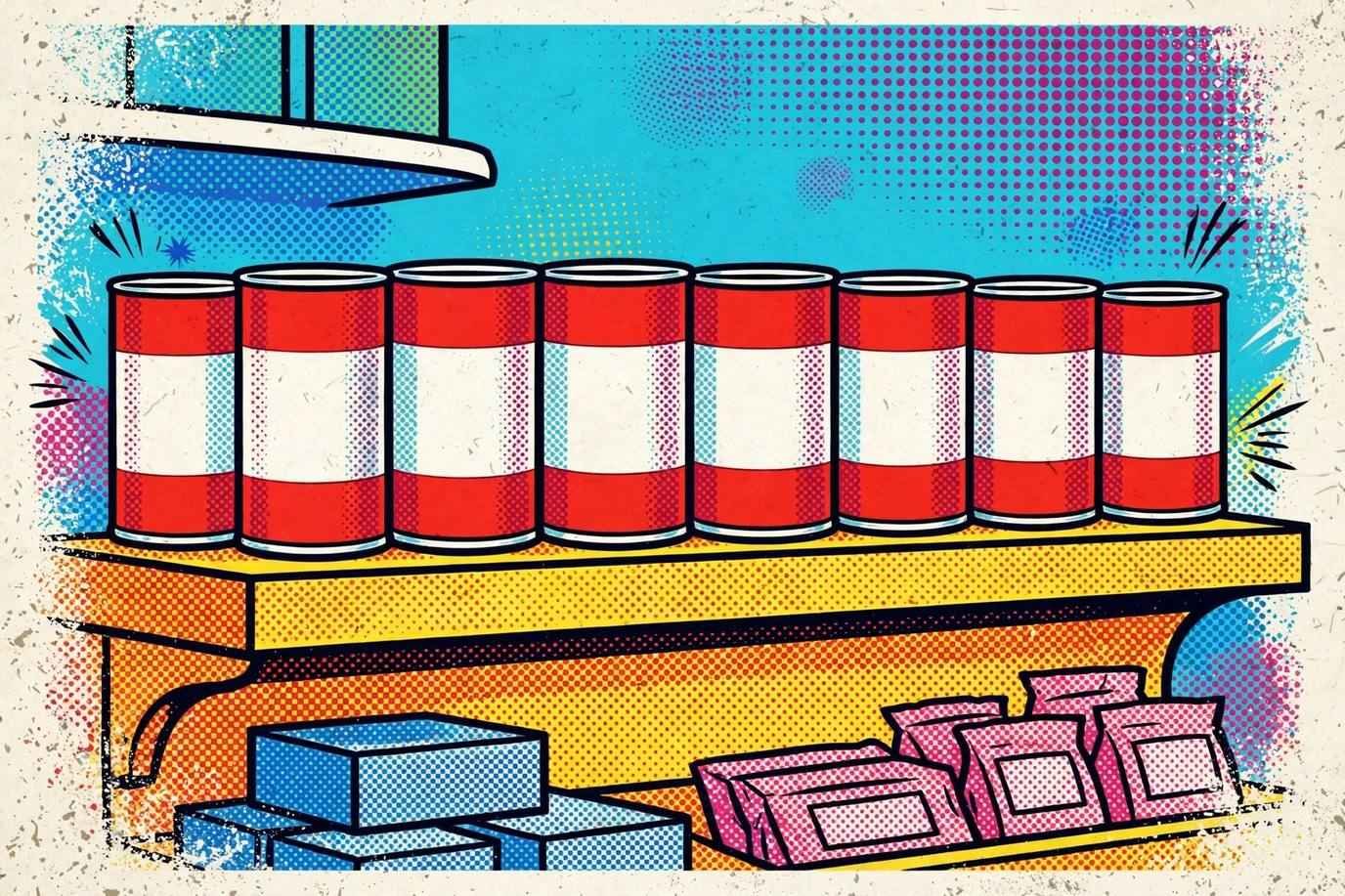 Pop art style illustration of red and white soup cans on a shelf, in the spirit of Andy Warhol's famous series.