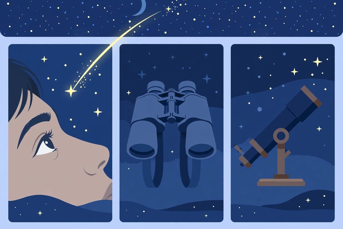 Illustration comparing naked-eye stargazing, 10x50 binoculars and a small Dobsonian telescope for beginners.