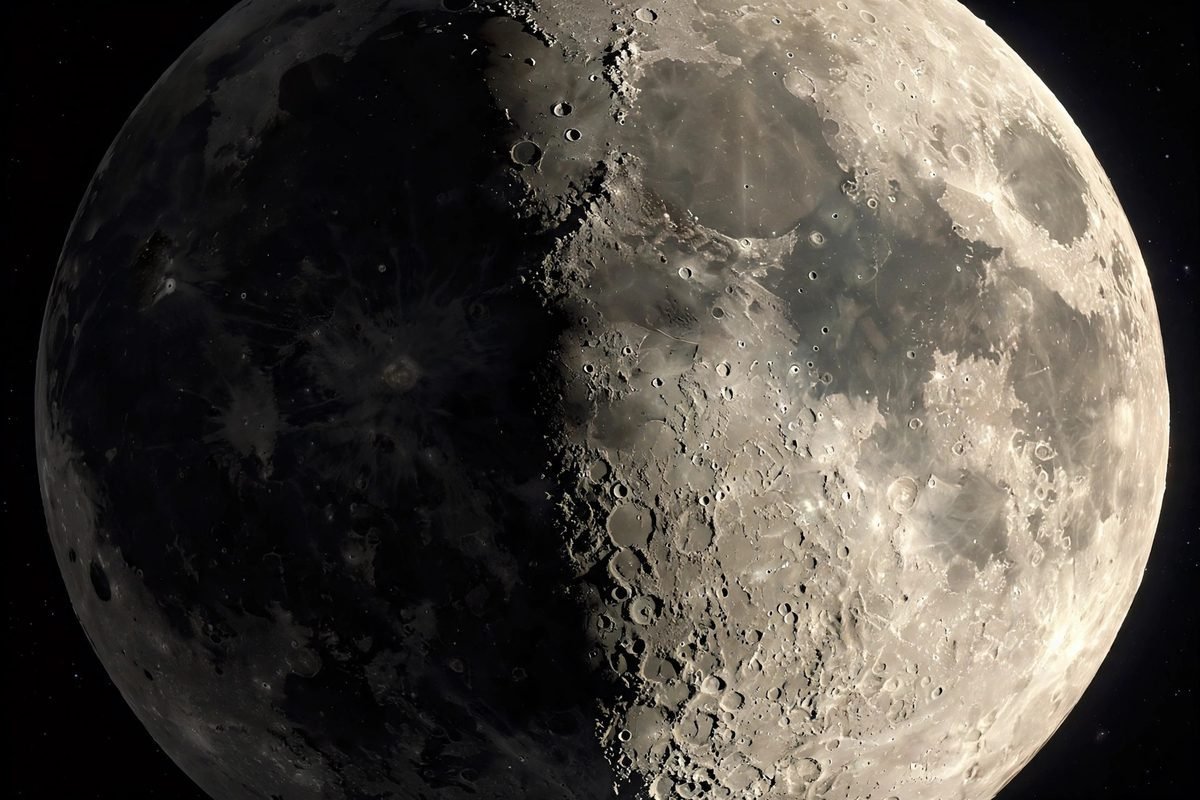 Close-up of the Moon's cratered terminator line at first quarter phase.