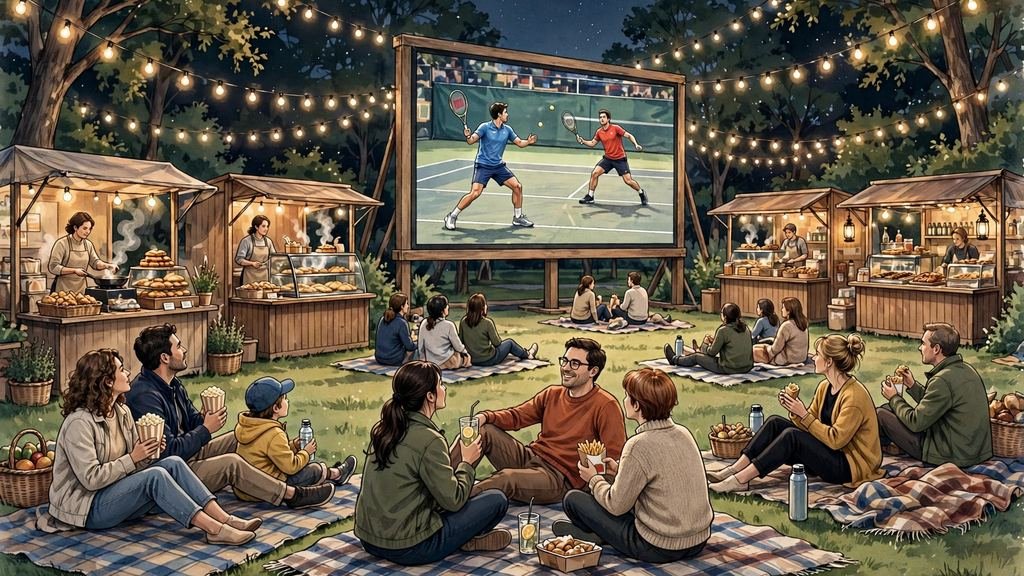 Illustration of fans enjoying the Grand Slam Oval at the Australian Open between matches.