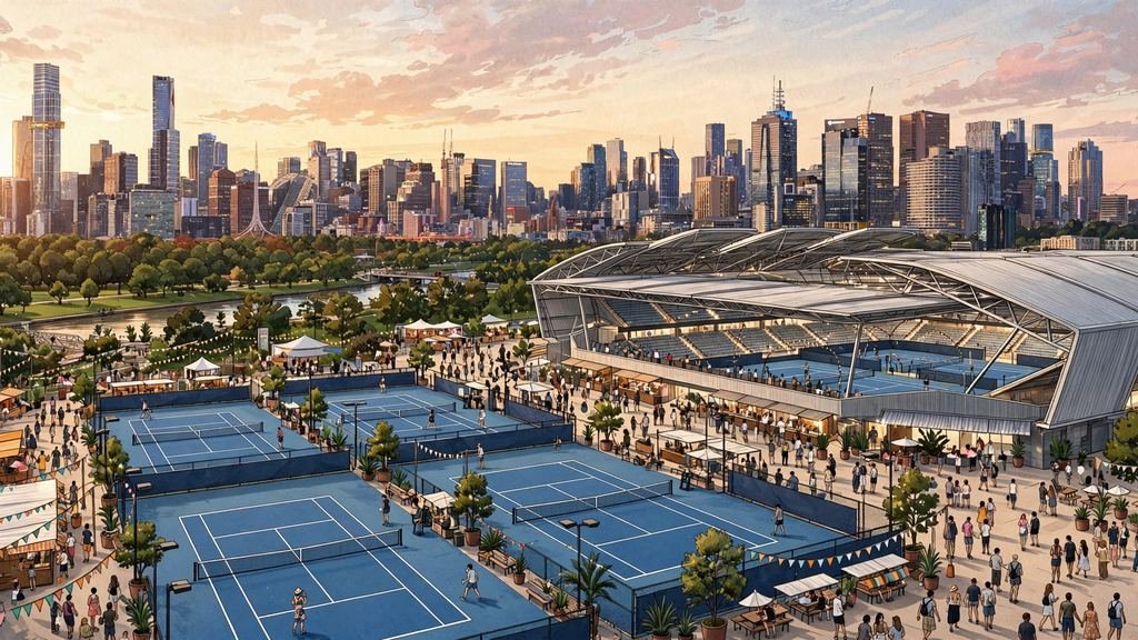Illustration of Melbourne Park’s tennis courts, the home of the Australian Open.