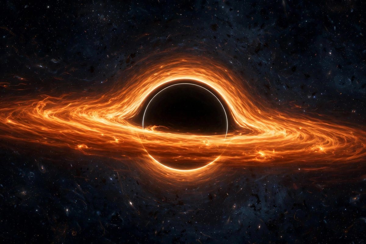A glowing orange accretion disk of hot gas spiraling around a black hole's dark central shadow, seen edge-on.