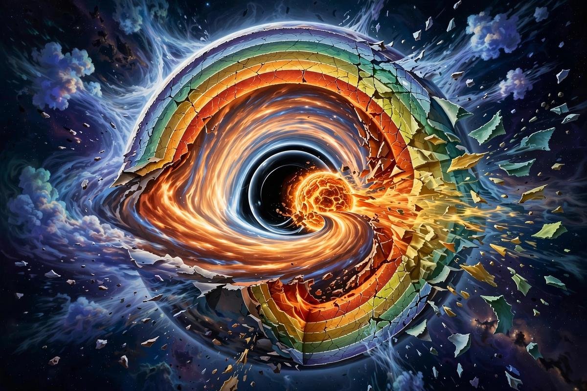 How do black holes form? Diagram-style illustration of a dying giant star with its outer layers peeling away while its iron core implodes into a black hole.