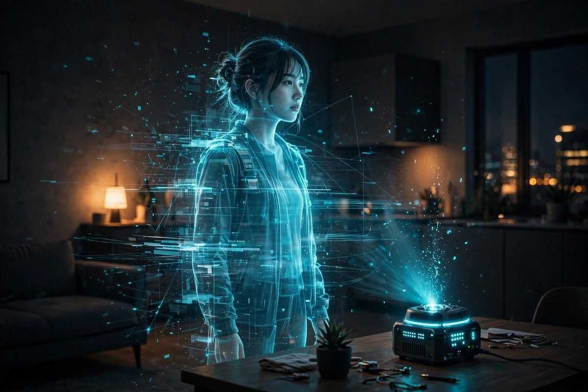 glowing cyan holographic woman projection with emitter device.