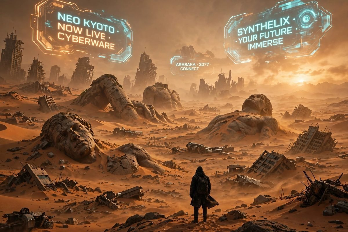 lone figure in orange desert wasteland with buried statues and holographic ads.