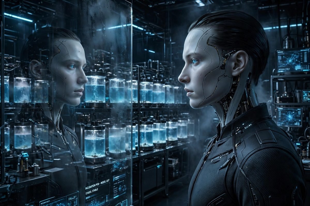 android figure in dark high-tech lab with incubation tanks.