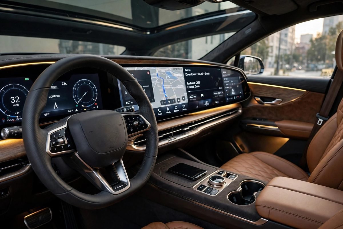 The modern interior of a luxury SUV with a sweeping curved digital display, digital instrument cluster and large touchscreen, premium leather seats and ambient lighting.