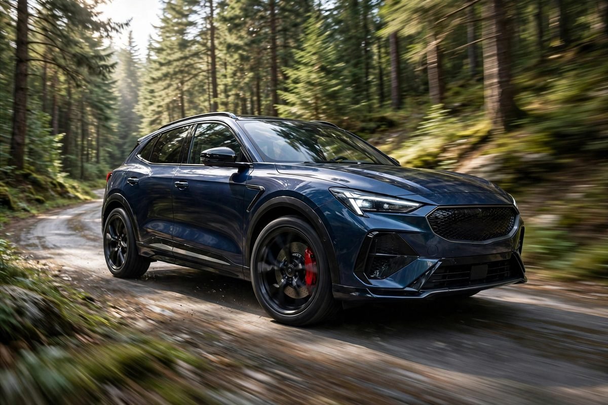 A sporty luxury compact SUV driving dynamically on a winding forest road with red brake calipers visible.