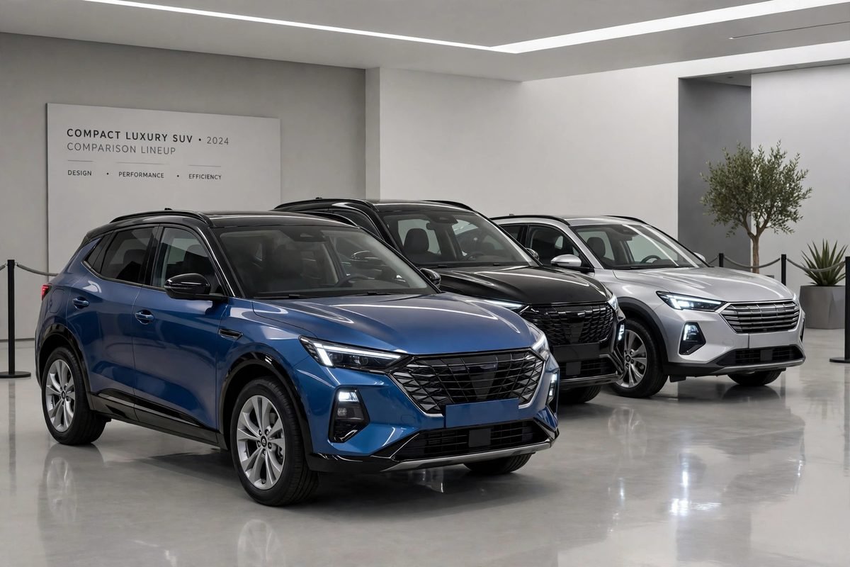 Three premium compact luxury SUVs parked side by side in a modern showroom, a blue one in front.