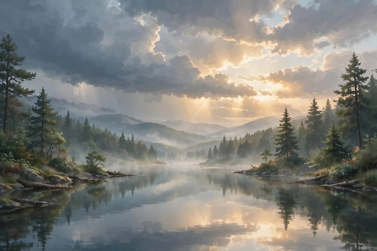 Golden morning sunlight breaking through parting clouds over a still lake, symbolising the calm that follows a wave of dread.