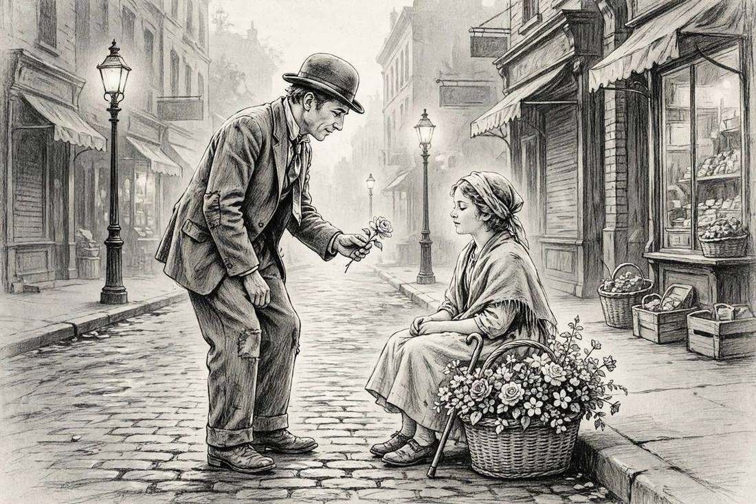 Illustration evoking Chaplin's City Lights era, with the Tramp as a flower seller on a lamplit street
