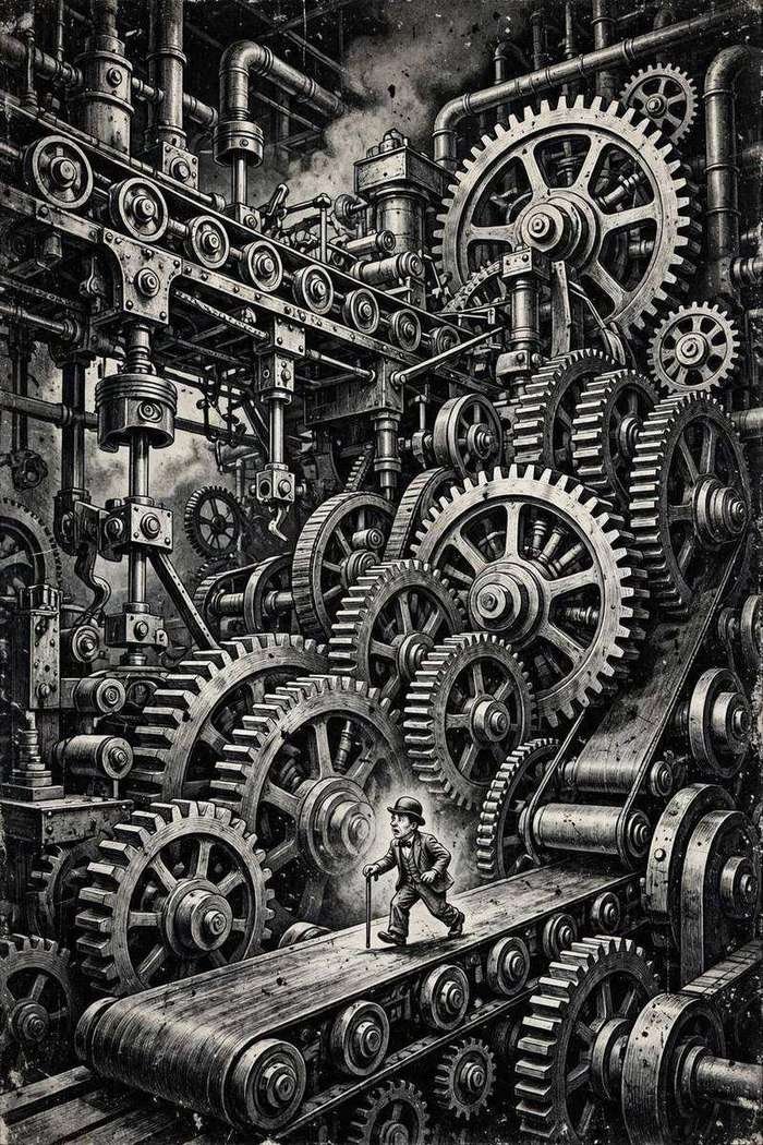 Illustration of the Little Tramp overwhelmed by enormous factory machinery, evoking Modern Times