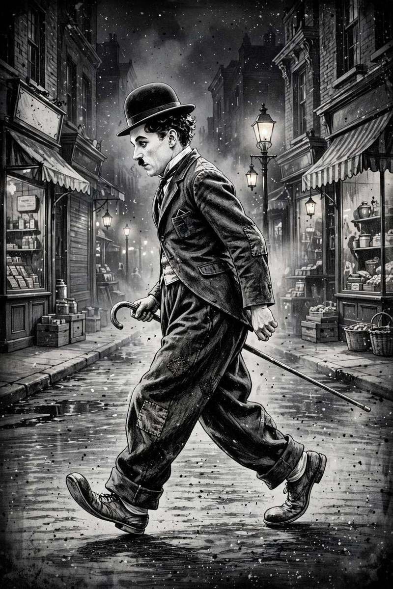 Illustrated Charlie Chaplin as the Little Tramp in bowler hat with cane and baggy trousers