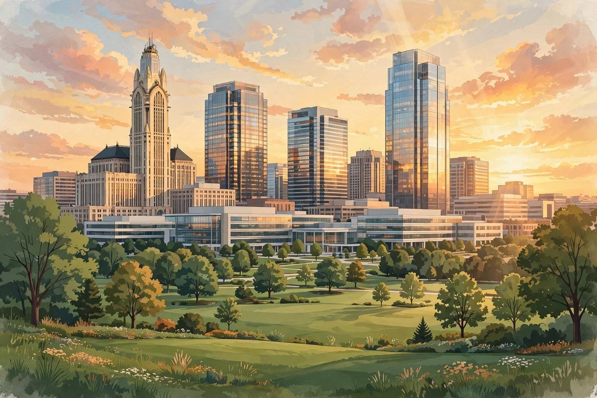 An illustrated Columbus, Ohio business skyline at golden hour with modern office towers.