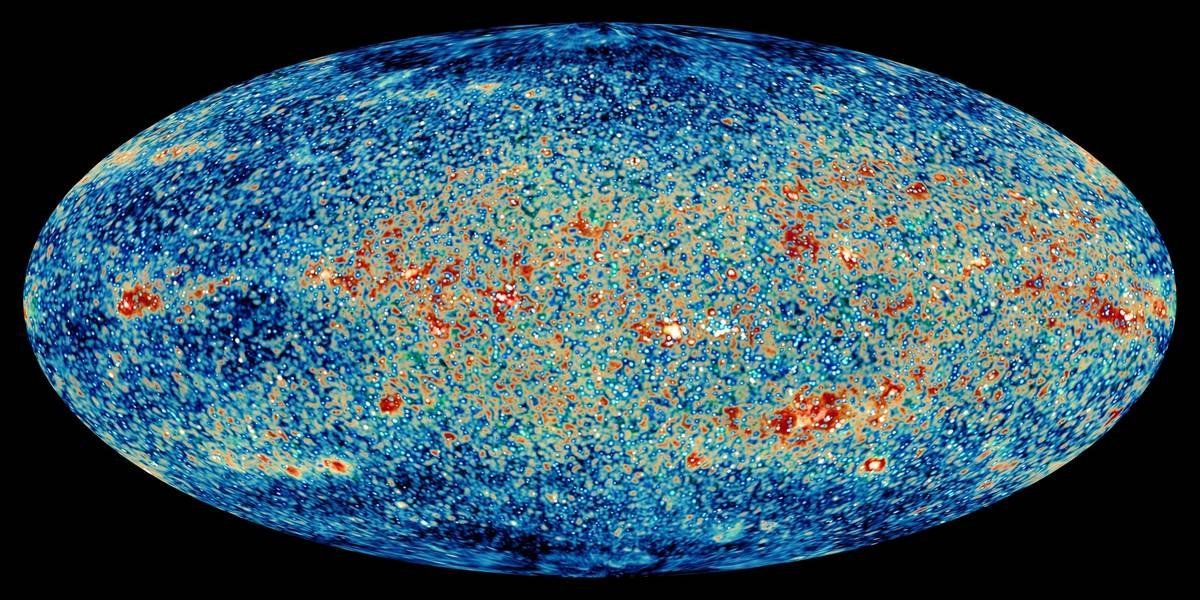 Full-sky map of the cosmic microwave background showing tiny temperature fluctuations across the sky, based on the Planck satellite's observations
