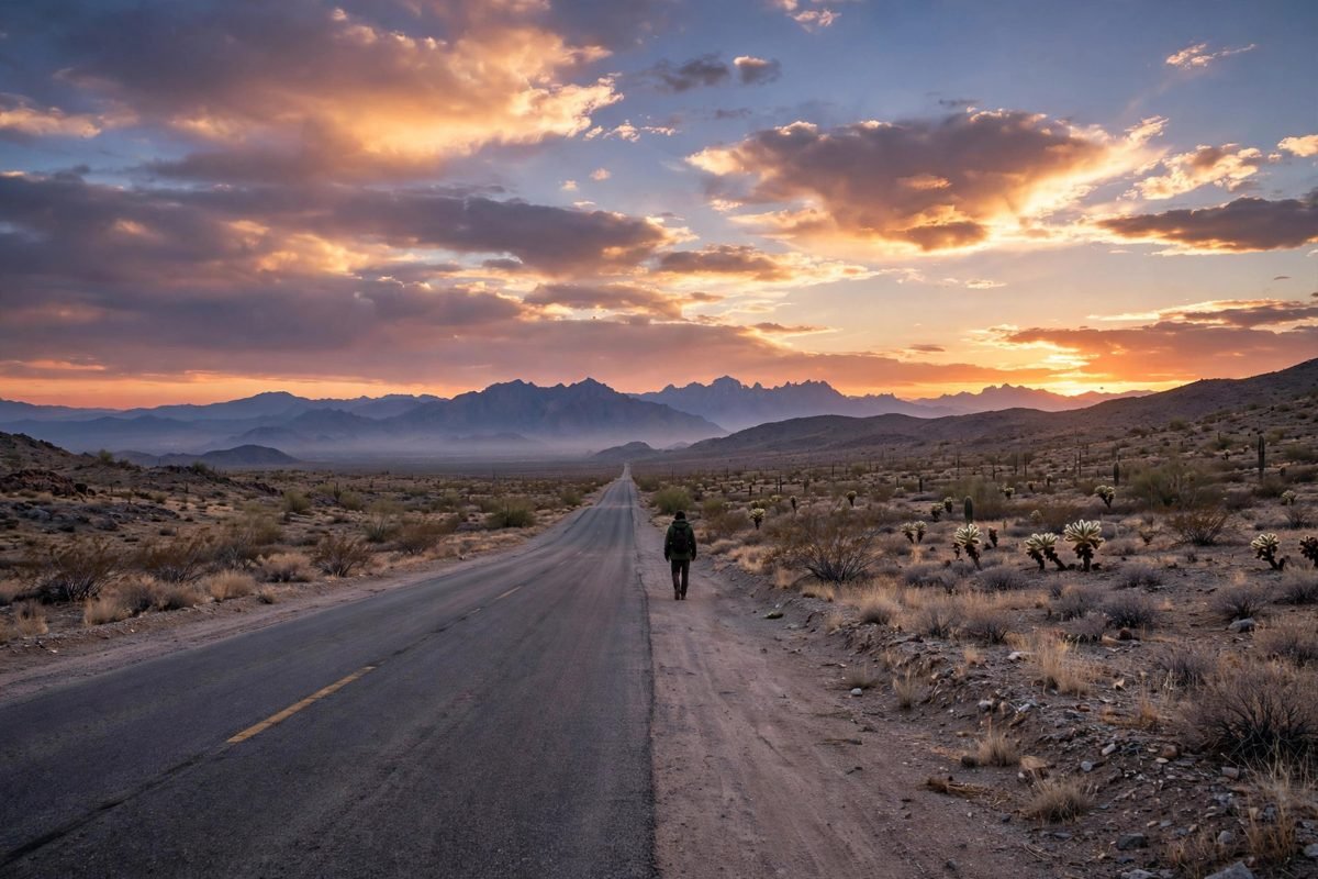 A long desert highway stretching toward distant mountains at dusk, symbolizing David Carradine's wandering screen characters.