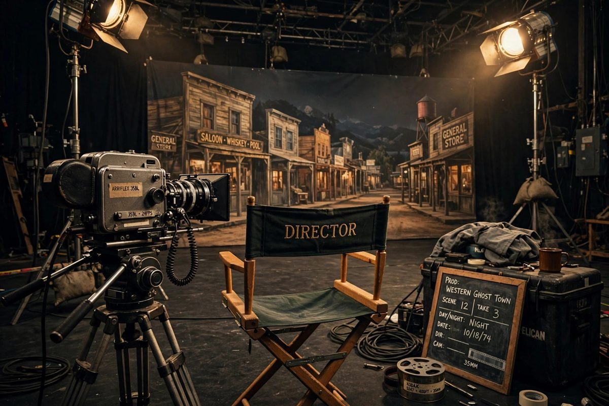 A vintage film set with a camera, director's chair, and warm studio lights, evoking David Carradine's long career in film and television.