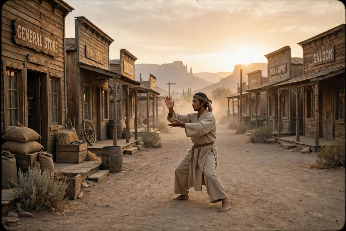 A traveler practicing calm martial arts movements in a quiet desert town at sunrise, evoking David Carradine's Kung Fu era.