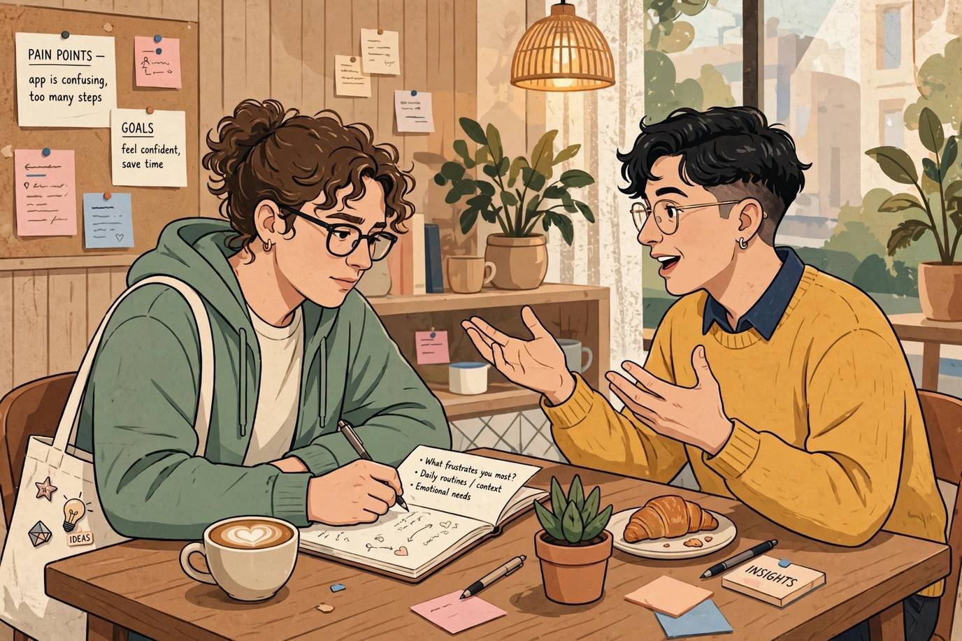 Illustration of an empathy research interview, with a designer listening and taking notes while a person talks