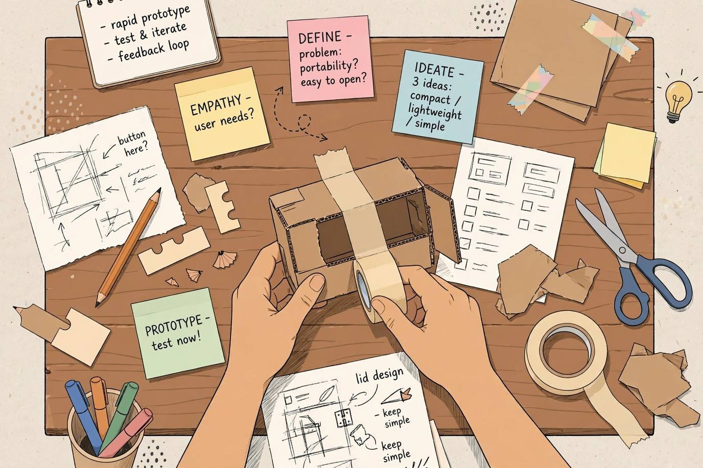 Hands building a rough cardboard and paper prototype on a workshop table during the prototyping stage