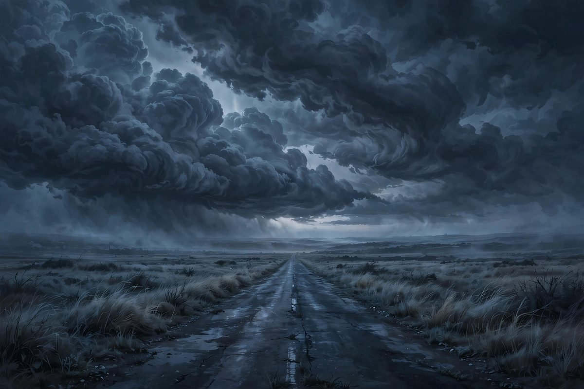 Dark storm clouds gather over an empty road at dusk, illustrating the heavy, uncertain feeling of foreboding and anticipatory dread.
