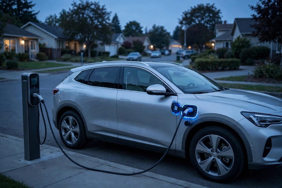 A silver Honda Prologue electric SUV charging at dusk.