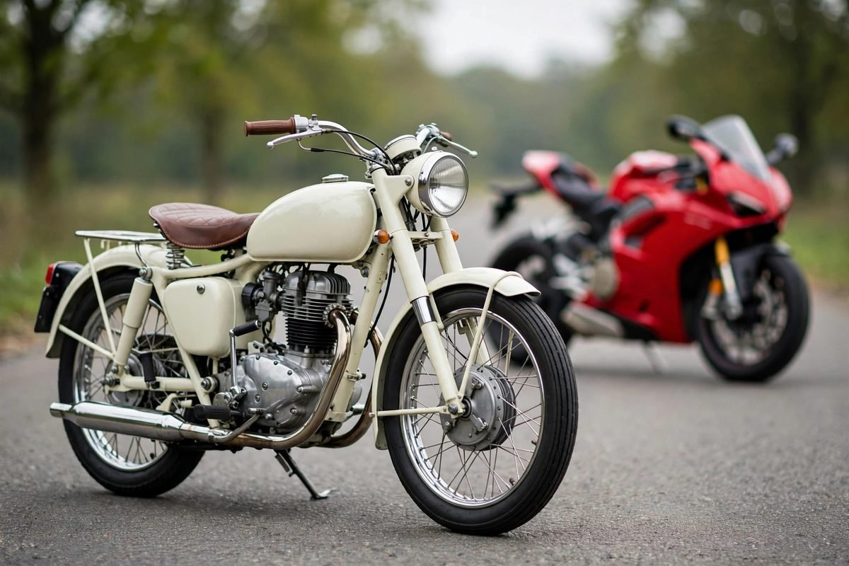 A classic Honda Super Cub motorcycle with a modern Honda Fireblade sportbike behind it.
