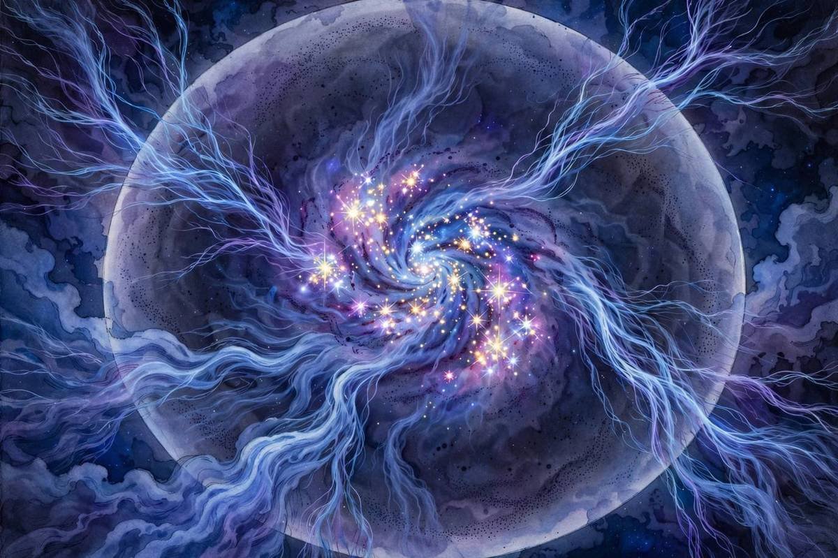 Illustration of a young galaxy forming inside a glowing dark matter halo with streams of cold gas flowing inward.