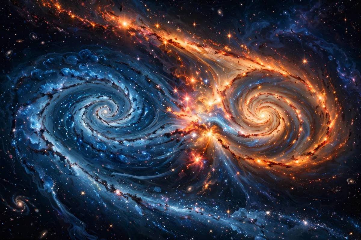 Illustration of two spiral galaxies colliding and merging, with tidal tails of stars and bursts of new star formation.