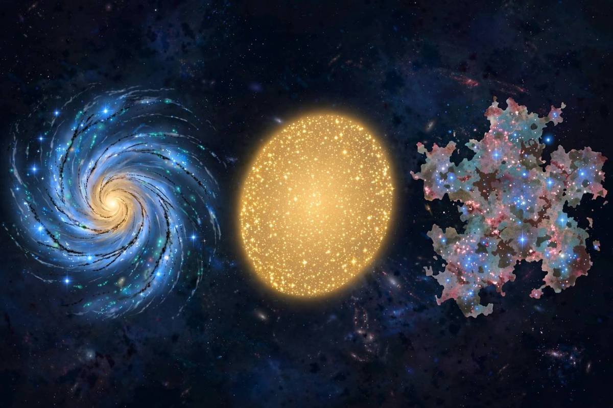 Comparison illustration showing spiral, elliptical, and irregular galaxy types side by side in deep space.
