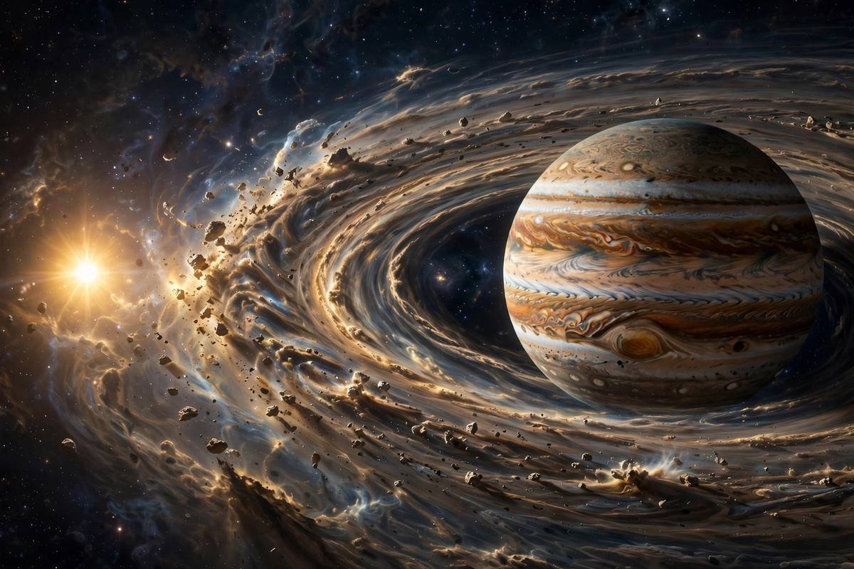 A gas giant planet migrating inward through a dusty protoplanetary disk, trailing a spiral wake of gas and dust behind it.
