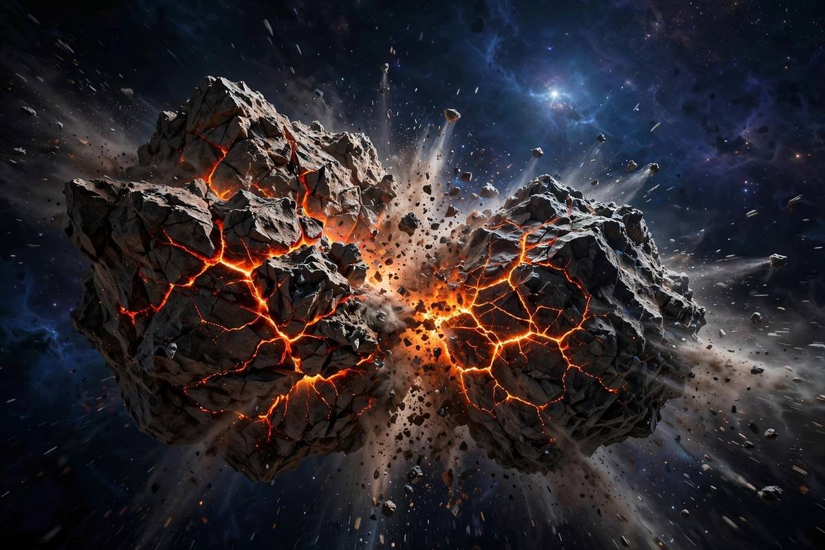 Two rocky planetesimals colliding and merging with glowing cracks and flying debris, illustrating how planets grow by accretion.
