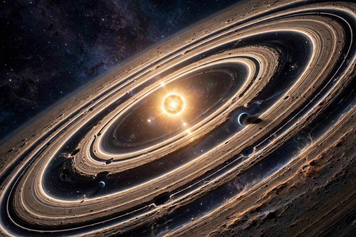 Tilted view of a protoplanetary disk around a newborn star, with bright dust rings separated by dark gaps carved by forming planets — a real-world illustration of how do planets form.