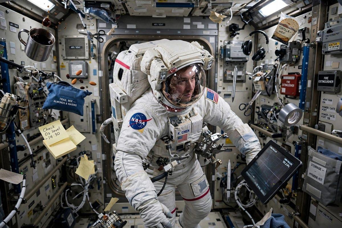 Astronaut floating weightlessly inside the International Space Station