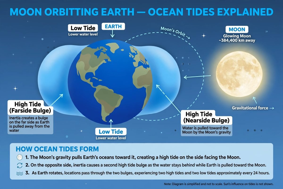 Diagram of the Moon raising ocean tides on Earth