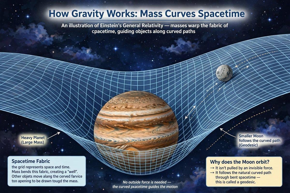Illustration of a planet curving spacetime like a heavy ball on a stretched sheet