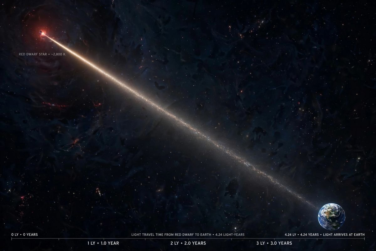 A spacecraft journeying through deep space toward a distant star, showing the scale of interstellar travel.